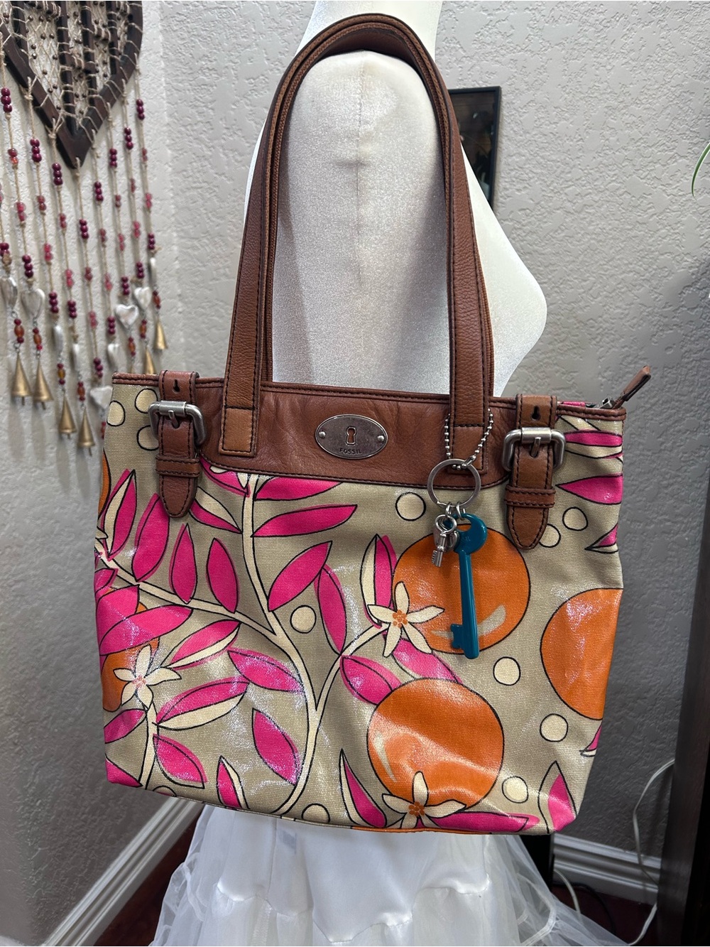 Fossil Floral Canvas Tote in Pink, Orange & Brown Trim